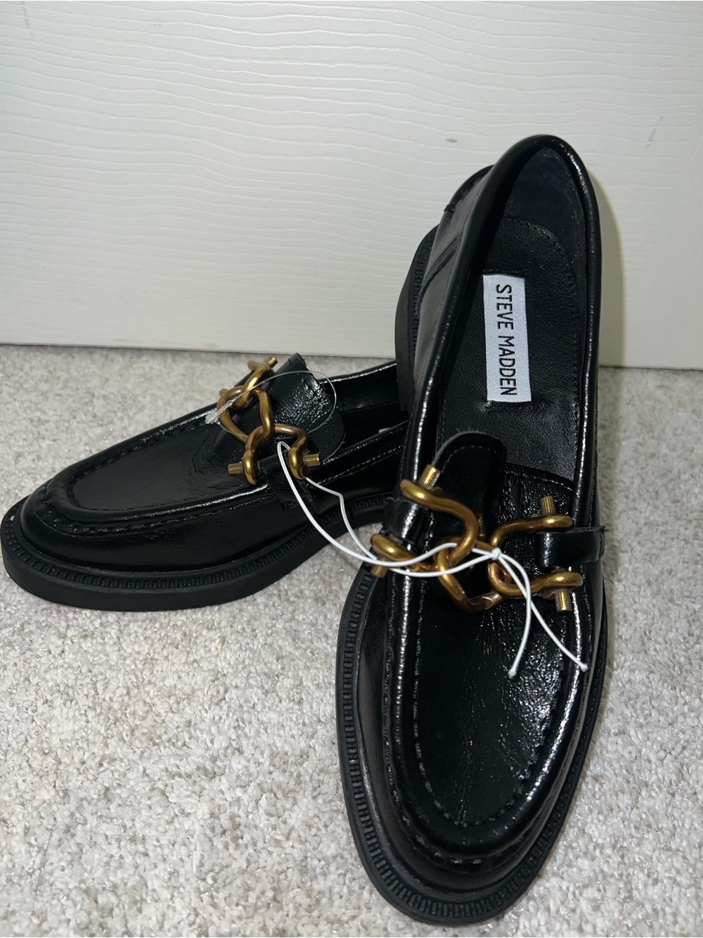 Steve Madden Black Patent Loafers with Gold Chain Accent